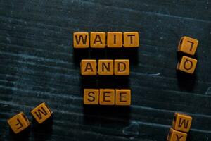 Wait and See on wooden cubes. On table background photo