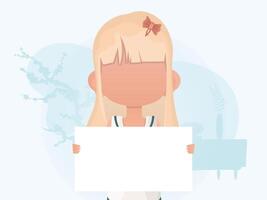 A little girl is holding a blank sign. Rally. Cartoon style. vector