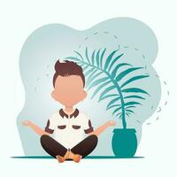 A cute little boy is doing yoga in the room. Healthy life concept. Cartoon style. Vector illustration.