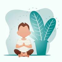 un linda pequeño chico es meditando en el habitación. Deportes y recreación concepto. vector ilustración en dibujos animados estilo.