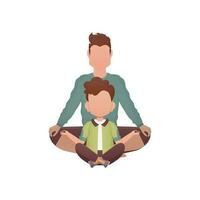 Dad and son are sitting meditating. Isolated. Cartoon style. vector