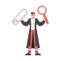 A man stands in full growth and holds a magnifying glass in his hands. Isolated. Element for presentations, sites. vector