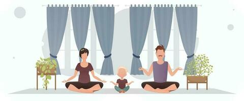 A man and a woman with a little boy are doing meditation in the room. Yoga. Cartoon style. vector