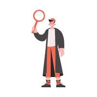 A guy in stylish clothes stands in full growth and holds a magnifying glass in his hands. Isolated. Element for presentations, sites. vector