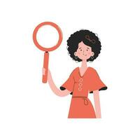 A stylish girl stands waist-deep and holds a magnifying glass in her hands. Isolated. Element for presentations, sites. vector