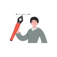 A man stands waist-deep holding a pen tool in his hands. Isolated. Element for presentations, sites. vector