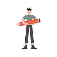 A creative man stands in full growth holds a large pencil. Isolated. Element for presentations, sites. vector