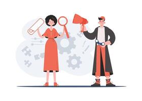 Man and woman standing full length with web search bar and loudspeaker. Human resource. Element for presentations, sites. vector