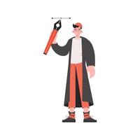 A guy in stylish clothes stands in full growth holding a pen tool in his hands. Isolated. Element for presentations, sites. vector