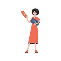 A woman stands in full growth holding a boarding pass and a passport. Isolated. Element for presentations, sites. vector