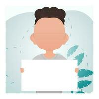 A cute preschool boy is holding a blank piece of paper. Advertising. Cartoon style. vector