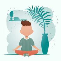 Cute little baby boy doing yoga in the room. Healthy life concept. Cartoon style. Vector illustration.