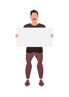 A guy of a strong physique in full growth and holds an empty space for advertising in his hands. Isolated. Cartoon style. vector