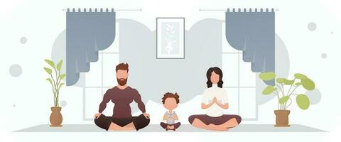 Husband with wife and daughter are engaged in meditation in the room. Yoga. Cartoon style. vector