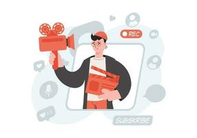 A man stands waist-deep and holds a clapperboard in his hands. Blogging. Element for presentations, sites. vector