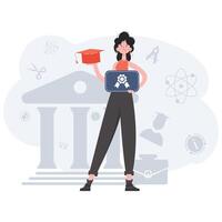 The girl stands in full growth and holds a diploma. Education. Element for presentations, sites. vector