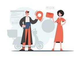 A man and a woman are standing in full growth, holding a geolocation icon and an envelope in their hands. Communications. Element for presentations, sites. vector