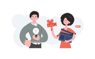 A man and a woman stand waist-deep and hold a video camera and a light bulb. Blogging. Element for presentations, sites. vector