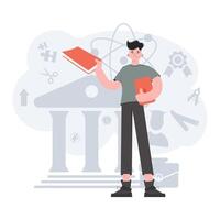 The guy stands in full growth with a book and a tablet. Online school. Element for presentations, sites. vector