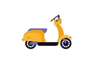 Yellow retro scooter on a white background. Classic motor scooter, side view. Vector flat illustration.