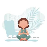 Little girl sits in the lotus position. Children's meditation. . vector
