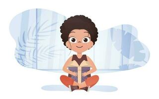 Little Girl sits in a lotus position with a gift in her hands. Vector. vector