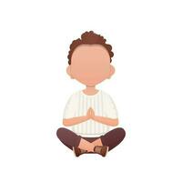 Cute preschool boy Sits yoga. Isolated. Cartoon style. vector