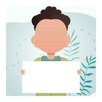 Cute preschool boy holding a blank poster. Place for text. Cartoon style. vector