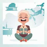 Joyful child boy sits in a lotus position and holds a box with a bow in his hands. Birthday, new year or holidays theme. Vector illustration in cartoon style.