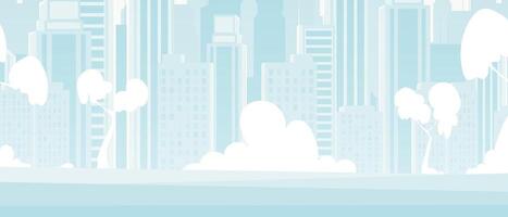 City background in blue tones. Wide poster with space for your design. Vector illustration in cartoon style.