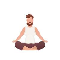 A well-built man sits in the lotus position. Isolated. Cartoon style. vector