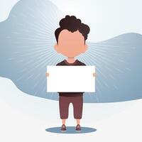 A cute little boy with a blank banner. Place for your text. illustration in cartoon style. vector