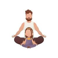 Dad and daughter are sitting meditating in the lotus position. Isolated. Cartoon style. vector