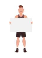 A man stands in full growth and holds an empty banner in his hands. Isolated. Cartoon style. vector