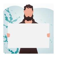 A man stands waist-deep and holds a blank sheet in his hands. Rally. Cartoon style. vector