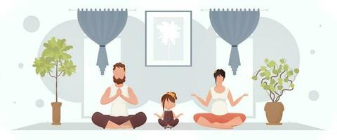 A man with a woman and a little girl are doing meditation in the lotus position in the room. Meditation. Cartoon style. vector