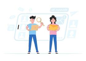 hombre y mujer humano recurso gerentes el concepto de hallazgo empleados. bueno para sitios web, aplicaciones y presentaciones tendencia vector ilustración.