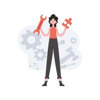 A woman stands in full growth holding a wrench and a puzzle. Tech support. Element for presentations, sites. vector