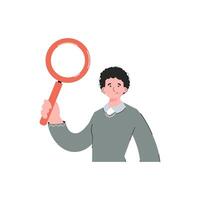 A guy in stylish clothes stands waist-deep and holds a magnifying glass in his hands. Isolated. Element for presentations, sites. vector