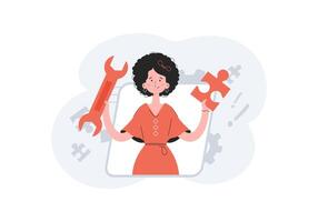 A woman stands waist-deep holding a wrench and a puzzle. Tech support. Element for presentations, sites. vector