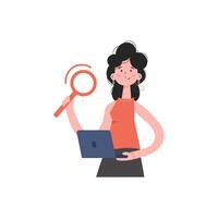 The girl stands waist-deep and works at the computer. Isolated. Element for presentations, sites. vector