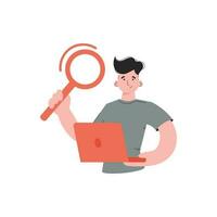 The guy is waist-deep holding a magnifying glass. Isolated. Element for presentations, sites. vector