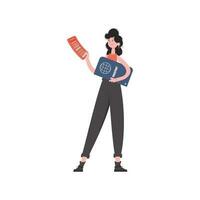A woman stands in full growth holding a passport. Isolated. Element for presentations, sites. vector