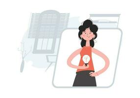 A woman stands waist-deep with a light bulb in her hands. Idea. Element for presentations, sites. vector