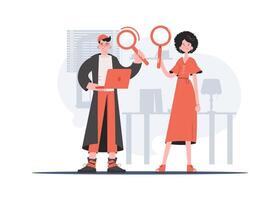 A man and a woman are standing in full growth with a computer in their hands. Search. Element for presentations, sites. vector