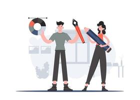 A man and a woman stand to their full height and hold a pen tool and a large pencil. Design. Element for presentations, sites. vector