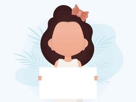 A little girl is holding an empty tablet in her hands. Advertising banner. Flat style. vector