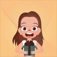 Little girl holding a gift in her hands. A child with a festive box in his hands on a yellow background. illustration in cartoon style. vector