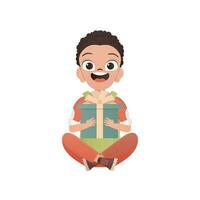 A little boy teenager sits in a lotus position and holds a gift box in his hands. Birthday, New Year or holidays theme. Cartoon style, isolated. vector