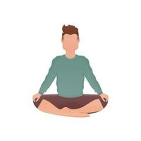 A guy of strong physique sits in a lotus position. Isolated. Cartoon style. vector